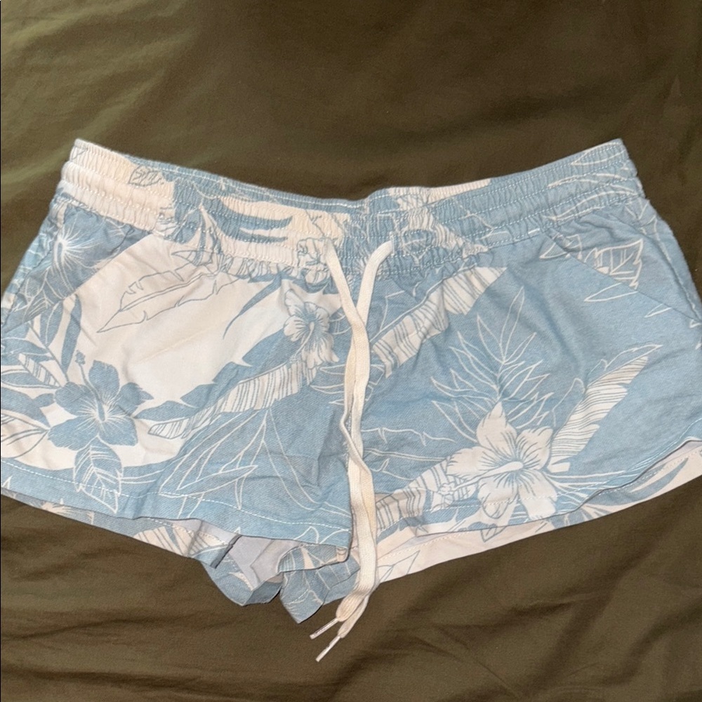 Vintage Billabong Blue and White Swim Shorts with Tropical Print